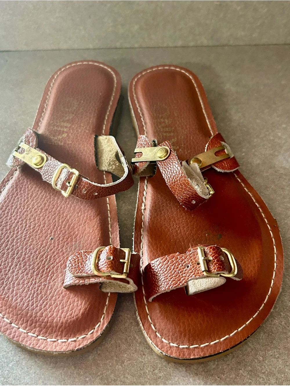 Kinos Brown Leather Slide Sandals with Buckle Detail